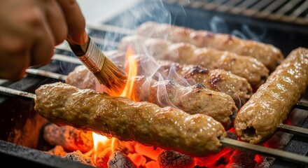 A chef bastes juicy Seekh Kebabs with a brush as they grill over smoky, red-hot charcoals.