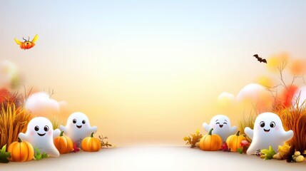 Naklejka premium Cheerful Cartoon Ghosts Surrounded by Colorful Pumpkins and Autumn Foliage in a Playful Halloween Background Scene