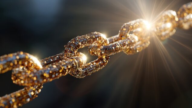A golden chain stretches into a bright light.  Detailed links, illuminated by a sunburst, creating a sense of connection and strength
