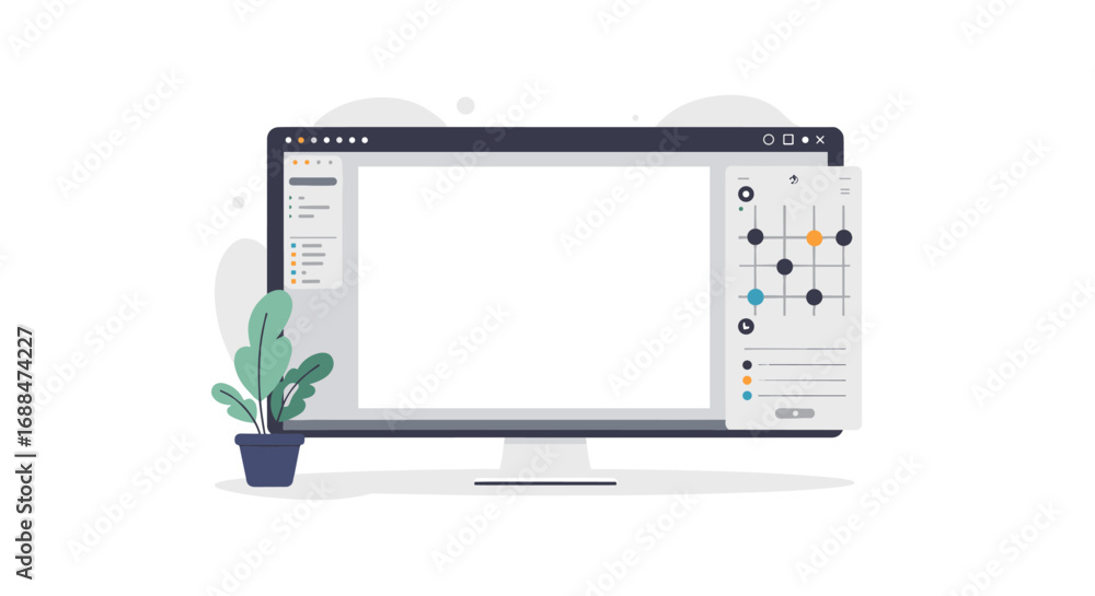 Poster simplistic flat design computer screen with plant and graph interface