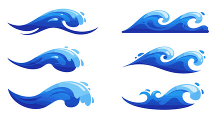Stylized ocean waves collection with dynamic blue curves on white background