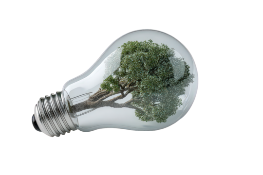 Green Tree Inside Glass Lightbulb on Black Background