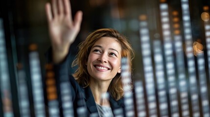 Smiling Businesswoman Analyzing Growth in Stock Market Visualization