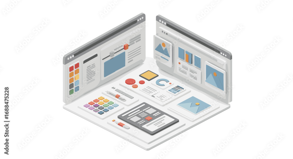 Poster isometric design workspace with digital interface and data visualization