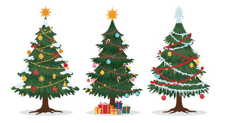 Three festive christmas trees with decorations and gifts in flat design