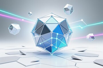 Futuristic geometric shapes combined with glowing lines create a visually stunning technological landscape