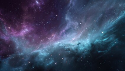 Fototapeta premium Deep space nebula with swirling colors. Vast expanse of swirling, vibrant nebulae, purple, teal, and dark blues, punctuated by scattered stars