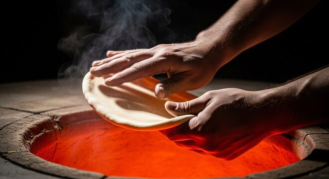 A baker's hands skillfully slap fresh dough against the glowing hot wall of a traditional tandoor oven.