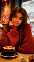 A woman with flowing brown hair smiles, resting her head on her hand in a cafe near an art piece, with coffee in front of her