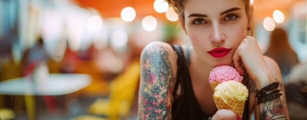 The tattooed woman enjoying pink ice cream cone in a colorful cafe interior