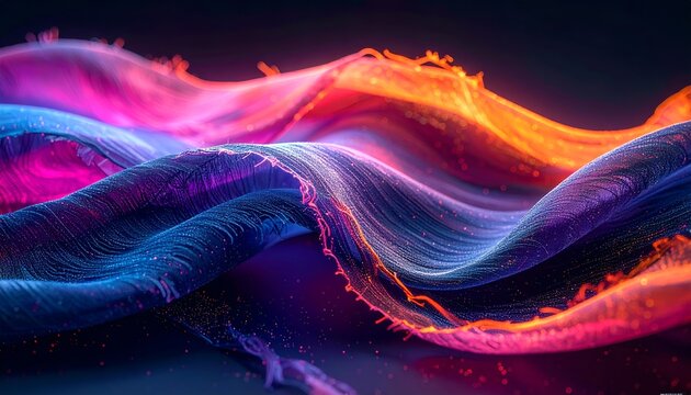 Macro of torn fabric fibers reflecting neon gradient like abstract energy flows. - Powered by Adobe