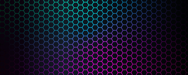 Futuristic Neon Hexagon Grid Background Gradient Honeycomb Pattern Digital Geometric Texture For AI, Digital Exposition, Science Forum, Medical Presentation, Technology Conference. Vector Backdrop