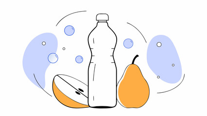 A simple composition features a bottle flanked by a sliced fruit and a pear. Blue abstract shapes and bubbles add a whimsical touch in the background.AI generated.