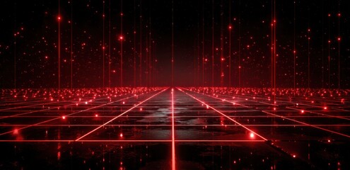 Red grid pathway with glowing particles