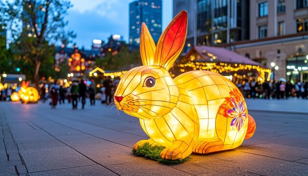 Glowing Rabbit Lantern Illuminates Night Festival in Urban Setting.