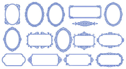 Elegant blue outline frames with ornate details and vintage design elements