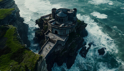 Dramatic coastal castle perched on rugged cliffs amidst crashing