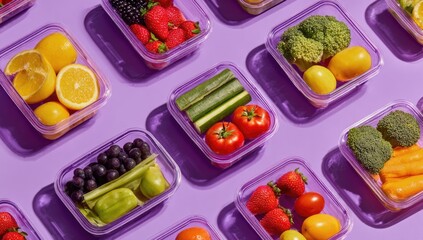 Colorful containers of fresh produce arranged on a vibrant purple background