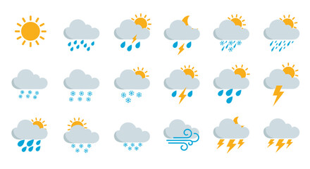 Obraz premium Colorful weather icons: sun, rain, snow, and thunderstorm symbols