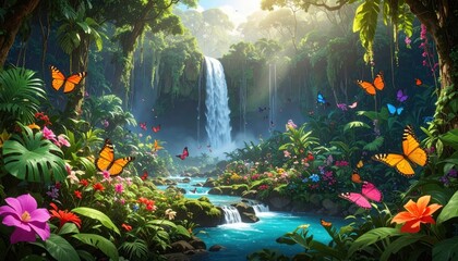 A vibrant tropical paradise unfolds with a cascading waterfall, lush foliage, and numerous colorful butterflies flitting amongst the flowers.