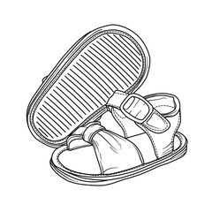 A hand-drawn illustration in black and white shows a baby sandal with straps and a buckle, placed next to its detached sole with a ribbed pattern.