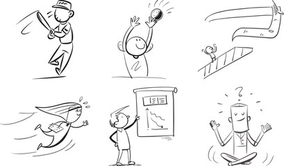 Vector art of six handdrawn cartoon sketches illustrating various actions and emotions