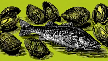 Illustration of seafood, including fish and shellfish.