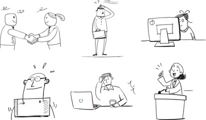 Vector art of set of doodle illustrations depicting business and office situations
