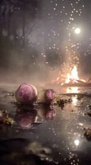 Two purple bulbs reflecting in murky water near a fire at night, evoking an eerie yet beautiful atmosphere. Trees visible in background under a bright moon