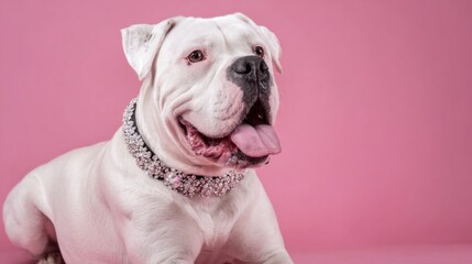 Fototapeta premium A white bulldog relaxes with its tongue out, showcasing a sparkling collar. The vibrant pink backdrop enhances the dog's playful and cheerful demeanor, making it the center of attention.