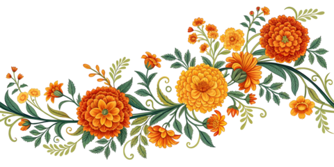 Vibrant Orange and Yellow Marigold Flower Garland with Dark Green Leaves , Realistic Detailed Botanical Illustration isolated on a transparent background