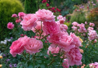 Lush pink roses in a garden bed