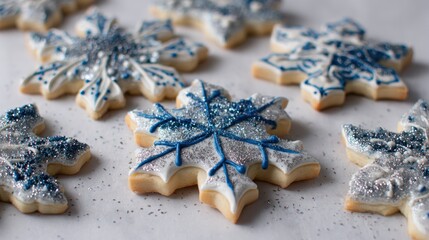 Snowflake-shaped sugar cookies with blue and silver icing and glitter, scattered across a white surface under soft lighting