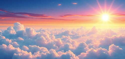 Anime-style sky, vibrant gradient clouds, bright sun, sunshine flares, summer morning, heavenly cloudscape,  cloudscape,  colorful