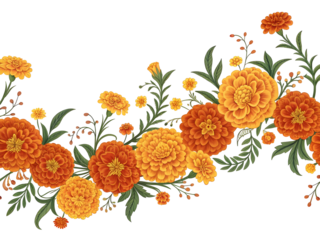 Orange and Yellow Marigold Flower Garland Vector Pattern with Green Leaves, isolated on a transparent background
