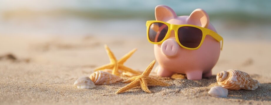 The piggy bank wearing sunglasses relaxing on a sandy beach with seashells and starfish