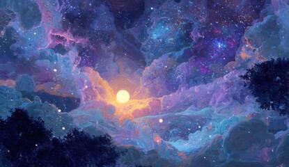 Celestial, painted cloudscape. A vibrant, dreamlike view of a sky filled with swirling,  pastel clouds and stars, showcasing a  bright moon