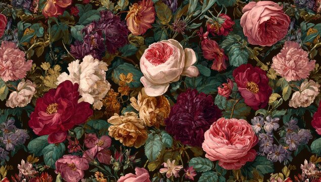 A rich, detailed floral print of various roses, peonies, and other blossoms in deep jewel tones