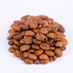 Pile of roasted coffee beans on a white background