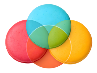 Three Overlapping Macarons in Teal Green Orange and Red Colors Abstract Composition Isolated on a Transparent Background
