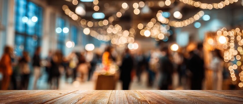 The wooden table in foreground with blurred festive crowd and bokeh lights