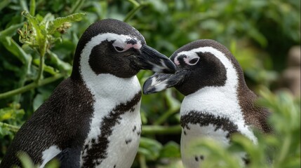 Obraz premium Two African penguins are seen engaging affectionately in a vibrant green setting, surrounded by foliage under bright daylight, showcasing their playful nature.
