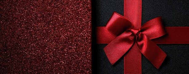 The elegant red bow wrapped around a luxurious black gift box