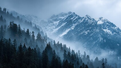 Obraz premium Misty mountain range, snow-capped peaks, dense forest