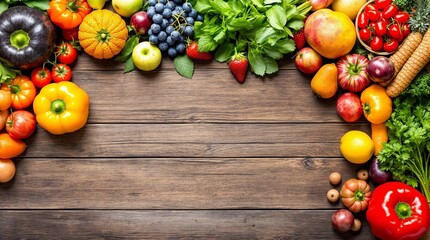 Bright and vibrant top view of fresh organic fruits and vegetables, ideal for health, nutrition, food blogs, and wellness-related projects