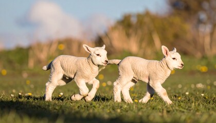 Obraz premium Two lamblings running in a field