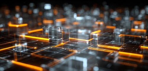Abstract digital cityscape of glowing, transparent cubes connected by lines.  Networked, futuristic grid of translucent blocks with bright orange lines