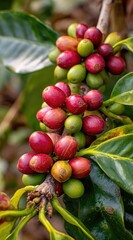 Vibrant cluster of ripening coffee cherries on a branch with green leaves, showcasing stages from green to red in a natural setting under soft light