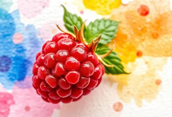 Close-up of a vibrant red raspberry against a textured watercolor background, delicious, organic