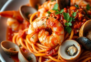 Close-up of gourmet seafood pasta; prawns, clams, vibrant sauce,   garlic,   tasty
